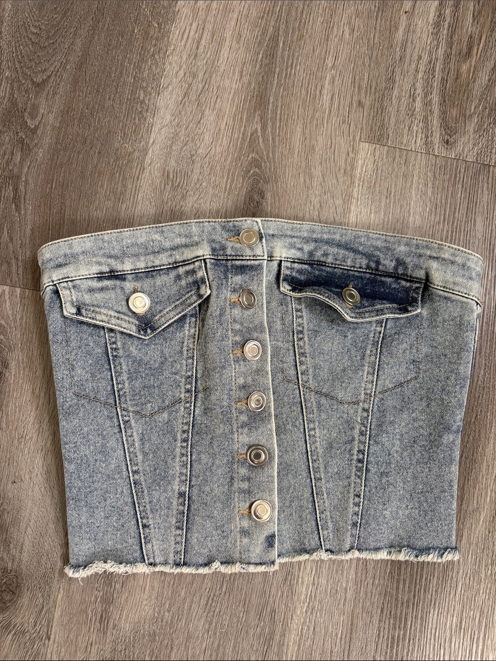 Timing Light Wash Denim Strapless Button Tube Top
